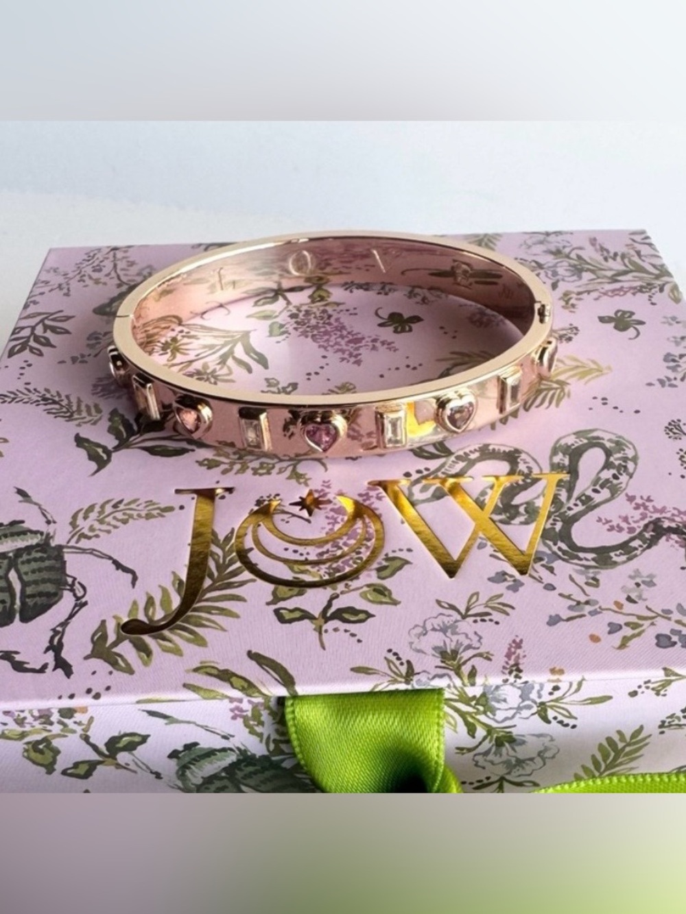 Jane Win LOVE Gold Heart Accent bangle bracelet with Pink Stones. - Picture 2 of 3